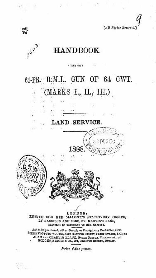 Handbook for the 64-pr R.M.L. gun of 64 cwt, marks I-III, land service (1888)